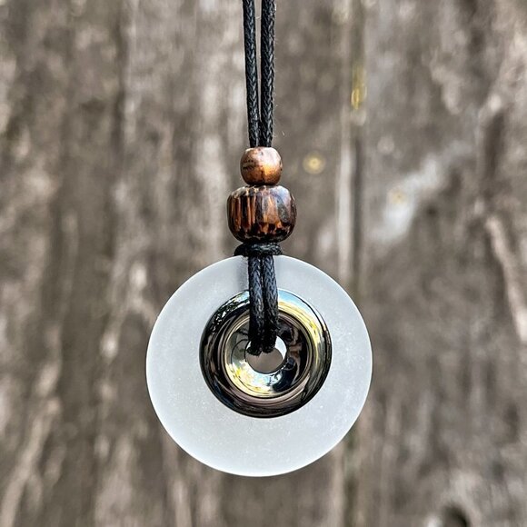 Hematite and White Sea Glass Pendant Handmade - Picture 5 of 5